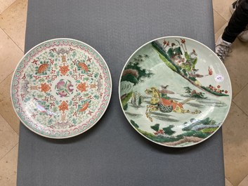 A Chinese famille verte 'horse rider' dish and a famille rose 'Shou' dish, 19th C.