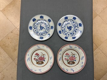 Six Chinese famille rose plates and a pair of blue and white plates, Kangxi/Qianlong