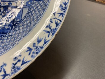 A pair of large Chinese blue and white 'Xi Xiang Ji' shallow dishes, Yongzheng