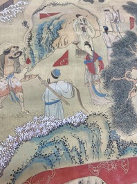 Chinese school, ink and color on paper: 'Shou painting with immortals', 19th C.