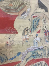 Chinese school, ink and color on paper: 'Shou painting with immortals', 19th C.