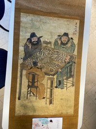 Naar You Qiu (ca. 1525-1580), druk opgehoogd met inkt en kleur op papier: 'Vier mahjong-spelers', 20e eeuw