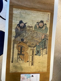 After You Qiu (ca. 1525-1580), print heightened with ink and color : 'Four mahjong-players', 20th C.