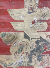 Chinese school, ink and color on paper: 'Shou painting with immortals', 19th C.