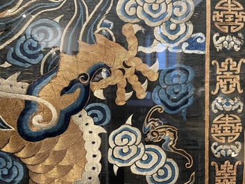 A large Chinese imperial gold thread-embroidered silk 'dragon' panel, Qing