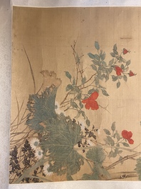 Sun Jia Shou (20th C.), ink and color on silk: 'Blossoming branches with birds and insects', dated 1936