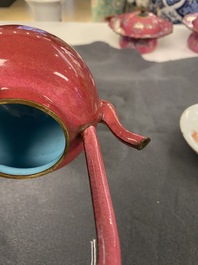 A Chinese ruby-ground Canton enamel teapot and a pair of covered bowls, Qianlong/Jiaqing