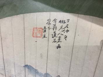 Chinese school, inkt en kleur op papier voor een waaier: 'Bergachtig landschap', 19/20e eeuw