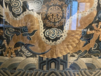 A large Chinese imperial gold thread-embroidered silk 'dragon' panel, Qing