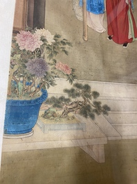 Chinese school, ink and color on silk: 'The making up of lady', 18th C.