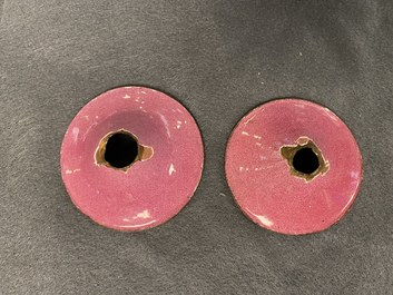 A Chinese ruby-ground Canton enamel teapot and a pair of covered bowls, Qianlong/Jiaqing