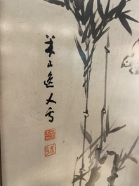 Mi Shan, ink and color on paper: 'Birds near bamboo branches', dated April 1916