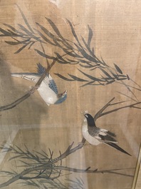 Ecole chinoise, encre et couleurs sur soie: 'Canards et oiseaux au bord d'une rivi&egrave;re', fin du Ming/d&eacute;but du Qing