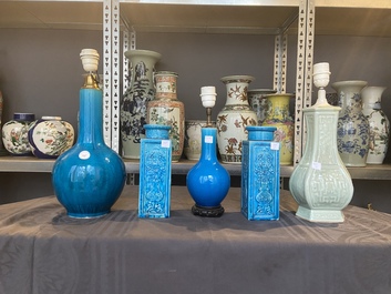 Four Chinese monochrome turquoise vases and a celadon vase, 19/20th C.