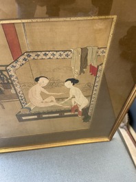 Chinese school, ink and color on silk: Eight erotic and romantic scenes, 18/19th C.