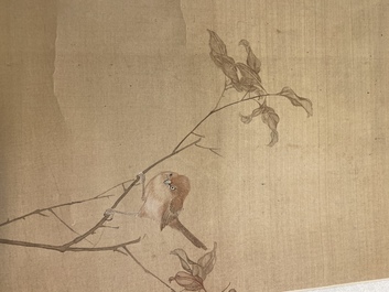 Sun Jia Shou (20&egrave;me), encre et couleurs sur soie: 'Branches fleuries aux oiseaux et insectes', dat&eacute; 1936