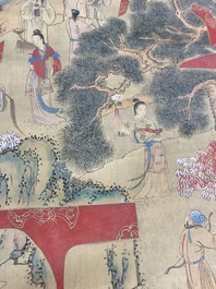 Chinese school, ink and color on paper: 'Shou painting with immortals', 19th C.