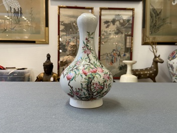 A Chinese famille rose 'peaches' bottle vase, 'Dun mu tang zhi' mark, Republic