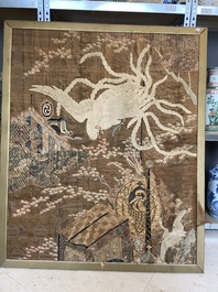 A large Japanese silk embroidery with a phoenix, Meiji, 19th C.