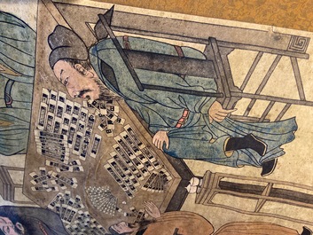 After You Qiu (ca. 1525-1580), print heightened with ink and color : 'Four mahjong-players', 20th C.