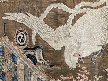 A large Japanese silk embroidery with a phoenix, Meiji, 19th C.