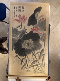 Lou Shibai (1918-2010), encre et couleurs sur papier: 'Fleurs de lotus'