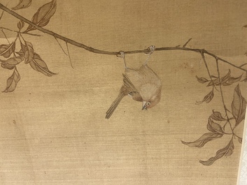 Sun Jia Shou (20&egrave;me), encre et couleurs sur soie: 'Branches fleuries aux oiseaux et insectes', dat&eacute; 1936