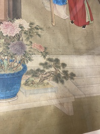 Chinese school, ink and color on silk: 'The making up of lady', 18th C.