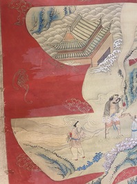 Chinese school, ink and color on paper: 'Shou painting with immortals', 19th C.