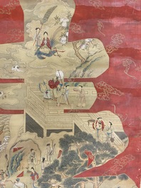 Chinese school, ink and color on paper: 'Shou painting with immortals', 19th C.