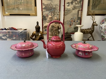 A Chinese ruby-ground Canton enamel teapot and a pair of covered bowls, Qianlong/Jiaqing