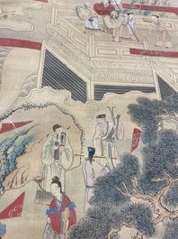 Chinese school, ink and color on paper: 'Shou painting with immortals', 19th C.