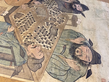 D'apr&egrave;s You Qiu (ca. 1525-1580), estampe rehauss&eacute; d'encre et couleurs: 'Quatre joueurs de mahjong', 20&egrave;me