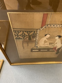 Chinese school, ink and color on silk: Eight erotic and romantic scenes, 18/19th C.