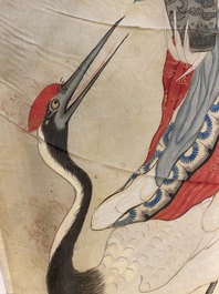 Chinese school, ink and color on silk: 'Magu with a crane', 18/19th C.