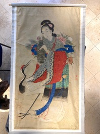 Ecole chinoise, encre et couleurs sur soie: 'Magu accompagn&eacute;e d'une grue', 18/19&egrave;me