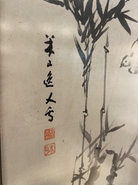 Mi Shan, inkt en kleur op papier: 'Vogels bij bamboe', gedat. april 1916