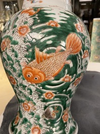 A Chinese famille verte 'yenyen' vase with a dragon and carps, Kangxi mark, 19th C.