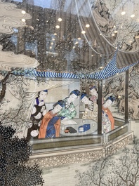 Chinese school, inkt en kleur op zijde: 'Twee sc&egrave;nes met dames bij een rivier', 19e eeuw