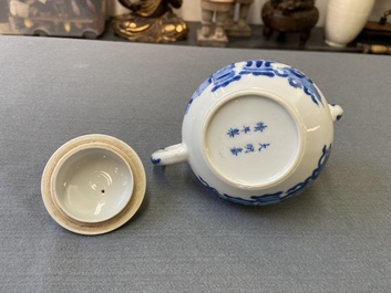 A Chinese blue and white 'antiquities' teapot and cover, Jiajing mark, Kangxi