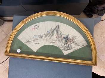 Chinese school, ink and color on paper fan leaf: 'Mountainous landscape', 19/20th C.