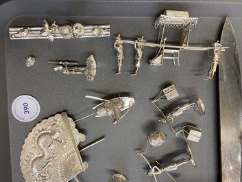 A collection of Chinese silver miniatures, a powder box and a table ornament, 19/20th C.