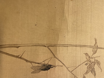 Sun Jia Shou (20&egrave;me), encre et couleurs sur soie: 'Branches fleuries aux oiseaux et insectes', dat&eacute; 1936