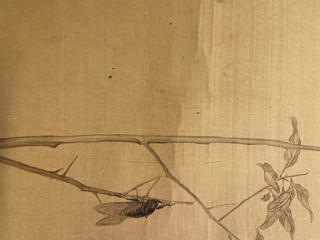 Sun Jia Shou (20th C.), ink and color on silk: 'Blossoming branches with birds and insects', dated 1936