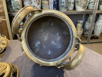 A large Chinese bronze censer and cover on stand with sea animals and shells, Qing