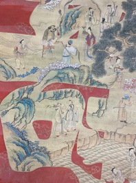 Chinese school, ink and color on paper: 'Shou painting with immortals', 19th C.