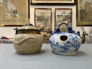 A Vietnamese 'Bat Trang' stoneware waterpipe and a Chinese 'Bleu de Hue' lime pot, 19th C.