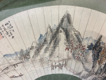 Chinese school, ink and color on paper fan leaf: 'Mountainous landscape', 19/20th C.