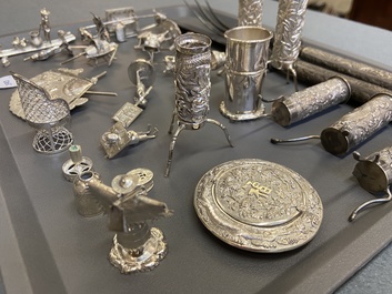 A collection of Chinese silver miniatures, a powder box and a table ornament, 19/20th C.