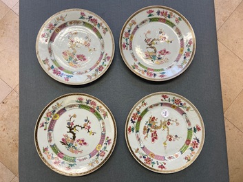 Six assiettes en porcelaine de Chine famille rose &agrave; d&eacute;cor d'arbres fleuris, Yongzheng